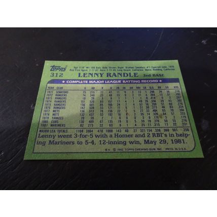 1982 Topps Card # 312A Lenny Randle Very Good-Excellent (4) Seattle Mariners