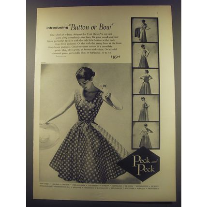 1956 Peck and Peck Dress Ad - Toni Owen - Introducing Button or Bow