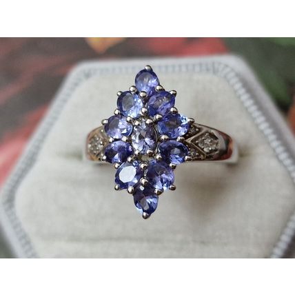 Natural Tanzanite Zircon Rhombus Cluster Ring Sz P½ Platinum Overlay 925 Silver