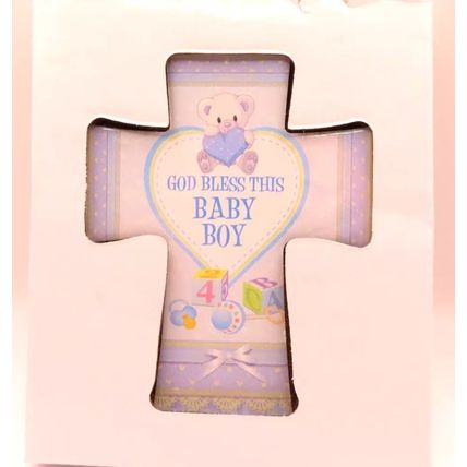 God Bless this Baby Boy Cross Plaque Porcelain Freestanding Christian Gift