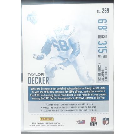 2016 Panini Prestige TAYLOR DECKER (Ohio/Lions) Rookie Card #269