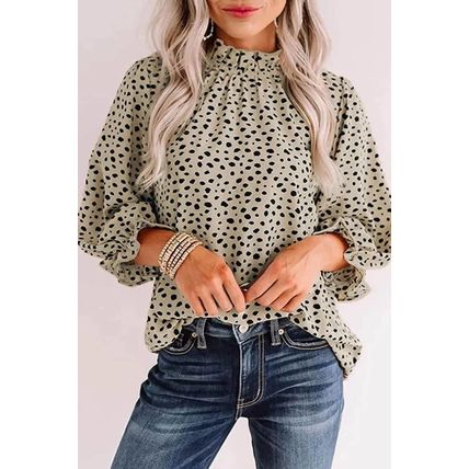 Khaki Frilled Neck 3/4 Sleeves Cheetah Blouse