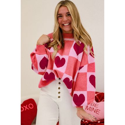 Pink Plus Size Love Heart Block Mock Neck Lantern Sleeve Valentine Sweater