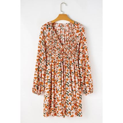 Beige Floral Deep V Neck Smocked Bust Bubble Sleeve Babydoll Dress