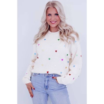 Beige Sequin Heart Shape Waffle Knit Round Neck Sweater