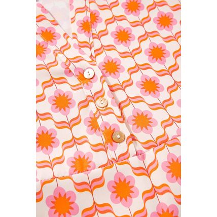 Orange Floral Print Flounce Sleeve Buttoned Front Mini Dress