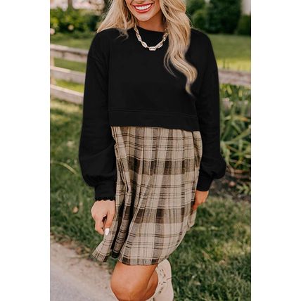 Black Plaid Patchwork High Waist Sweatshirt Mini Dress