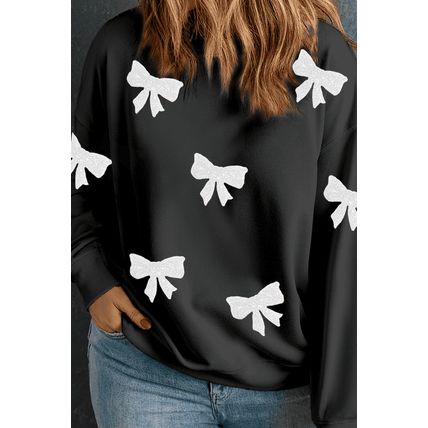 Black Bow Pattern Drop Shoulder Plus Size Sweatshirt
