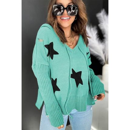 Green V Neck Star Pattern Hooded Sweater with Slits
