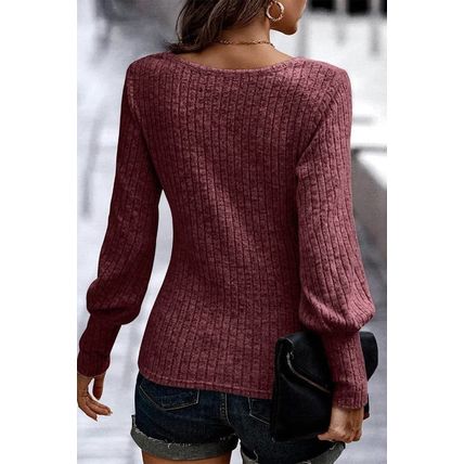 Mineral Red Ribbed Bishop Sleeve Round Neck Top