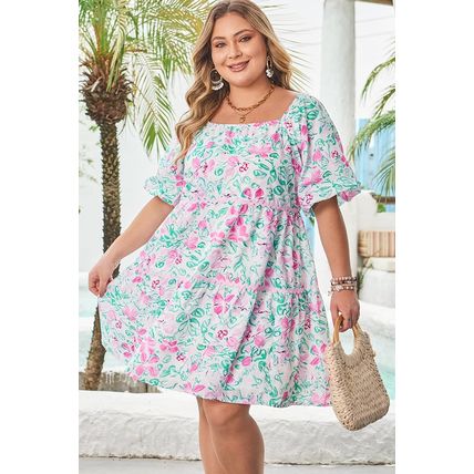 White Floral Print Ric-rac Trim Square Neck Plus Size Mini Dress