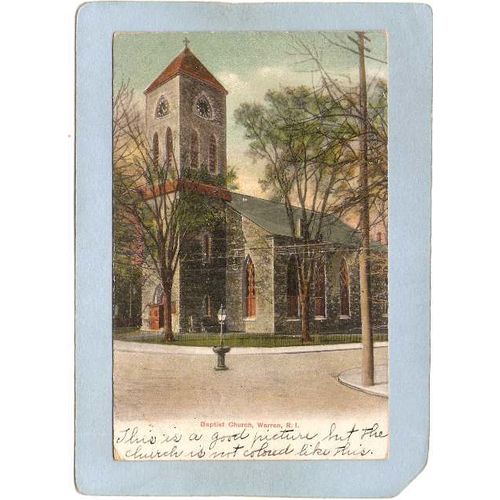 Rhode Island Warren Postcard Baptist Church Street Scene Intersection~1177