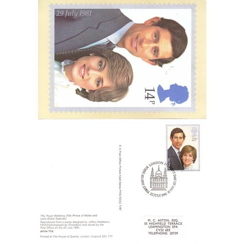 GREAT BRITAIN 1981 ROYAL WEDDING CHARLES & DIANA PHQ CARDS REVERSE LONDON CANCEL