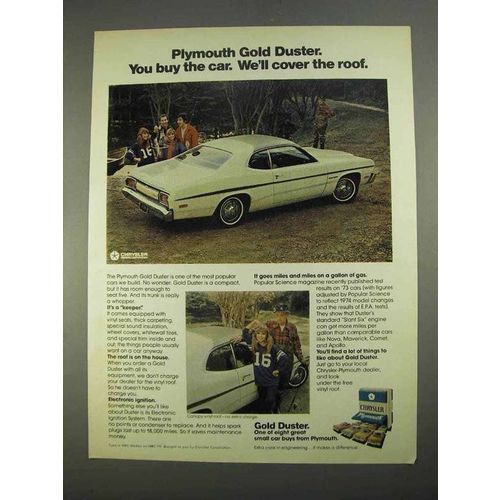 1974 Plymouth Gold Duster Car Ad - We'll Cover the Roof