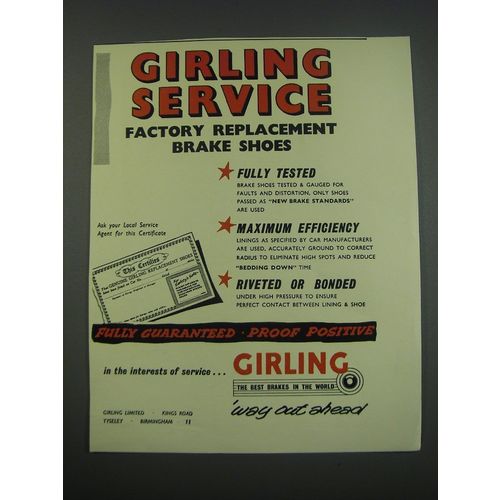 1957 Girling Brakes Ad - Girling Service factory replacement brake shoes