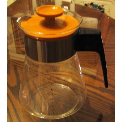 PYREX GLASS 12 CUP COFFEE POT TEA CARAFE STAINLESS STEEL BAND MUSTARD LID