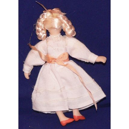 1:12th Doll for Dollshouse Blond Girl in White Dress with pink Rose