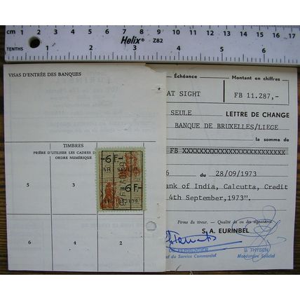 1973 letter de Change Banque de Brussels/Liege, Hindustan Steel Calcutta