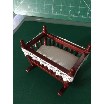 Mahogany Rocking Cradle White with Lace Bedding 1:12th Dolls House Miniatures