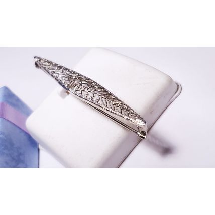 Antique 2 1/8" Open Filigree Elongated Marquise shaped 10Kt White Gold Pin#20739