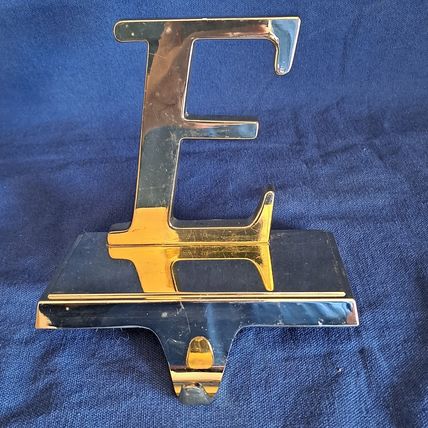 Gold Colored Metal LETTER E Christmas STOCKING HANGER Holder Mantel Hook Holiday