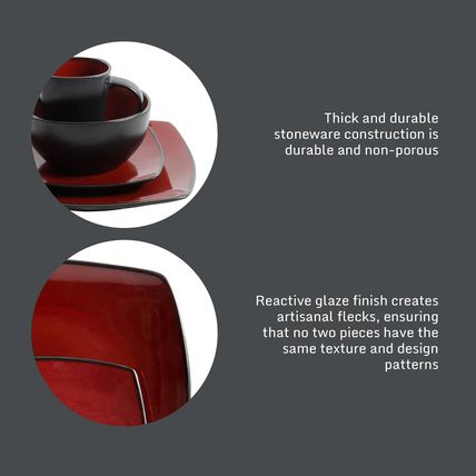 Gibson Soho Lounge Square Reactive Glaze Dinnerware Set, Red, Service for 4 (16P