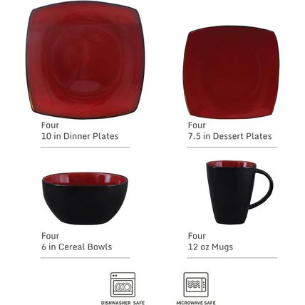 Gibson Soho Lounge Square Reactive Glaze Dinnerware Set, Red, Service for 4 (16P