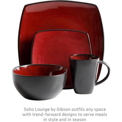 Gibson Soho Lounge Square Reactive Glaze Dinnerware Set, Red, Service for 4 (16P