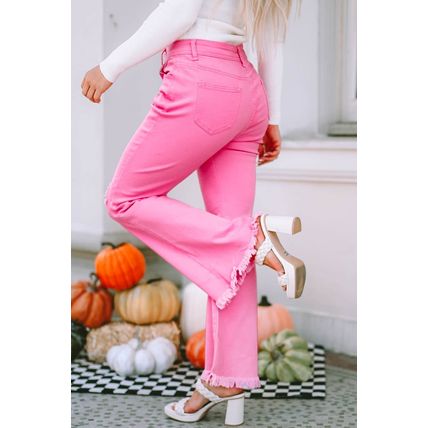 Pink Vintage High Waist Flare Leg Ripped Raw Hem Jeans