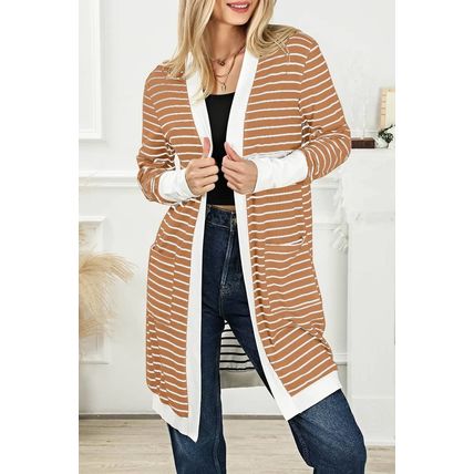 Brown Striped Side Pockets Open Front Cardigan
