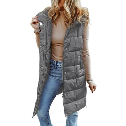 Dark Grey Hooded Long Quilted Vest Coat