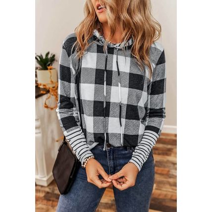 Multicolour Plaid Striped Patchwork Drawstring Hoodie