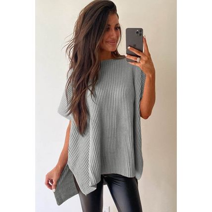 Gray Short Sleeve Side Slit Oversized Sweater