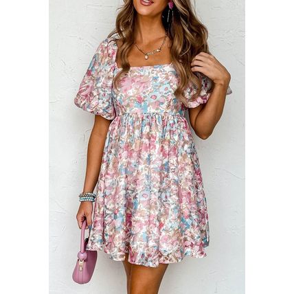 Pink Floral Puff Sleeve Square Neck Smock Ruffled Dress
