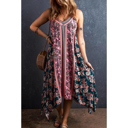 Pink Bohemian Floral Patchwork Print Long Sundress