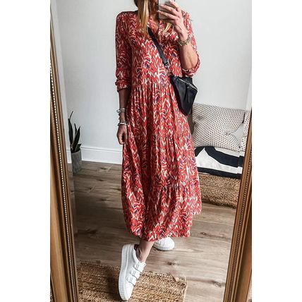 Orange Abstract Print V Neck Pleated High Waist Midi Dress