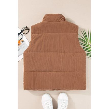 Coffee Corduroy Stand Neck Zipped Puffer Vest