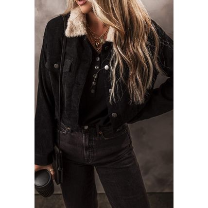 Black Fleece Lined Button-up Collared Corduroy Crop Jacket