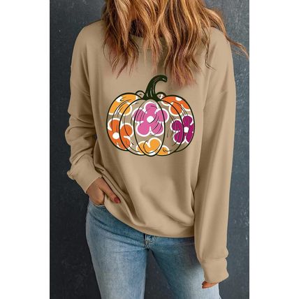 Khaki Halloween Floral Pumpkin Graphic Drop Shoulder Sweatshirt