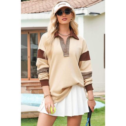 Light French Beige Striped Colorblock Patchwork Collar Sweatshirt