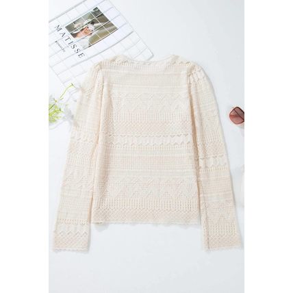 White Geometric Lace Buttoned Decor Long Sleeve Blouse