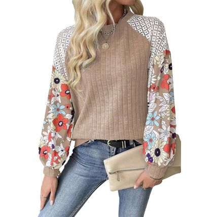 Parchment Floral Patchwork Long Sleeve Ribbed Blouse