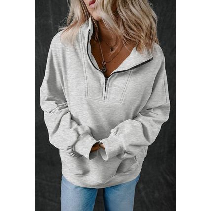 Light Grey Zip-up Stand Neck Kangaroo Pocket Sweatshirt
