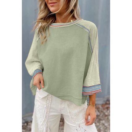Meadow Mist Green Waffle Knit Wide Bracelet Sleeve Patchwork Raglan Top