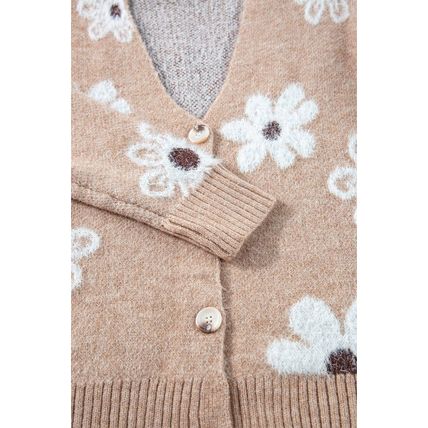 Smoke Gray Floral Print V Neck Knitted Button up Cardigan