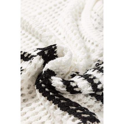 White Stripe Hollow-out Openwork Knit Puff Sleeve Sweater