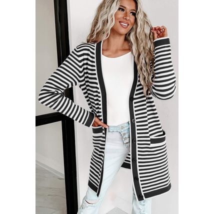 Black Stripe Long Sleeve Button up Tunic Cardigan
