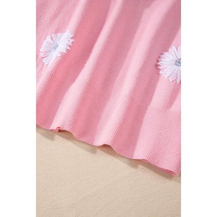 Pink Flower Pattern Short Sleeve Knitted Top