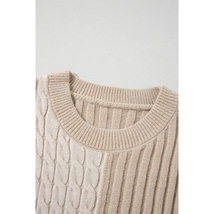 Khaki Cable Knit Colorblock Crew Neck Drop Shoulder Sweater