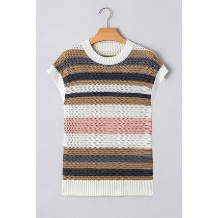 Pink Stripe Color Block Eyelet Knit Short Sleeve Sweater Tee